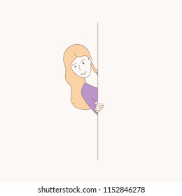 Woman hiding behind the wall isolated beige background  For web site  ad  wallpaper   placard  Useful for advert  poster  book cover   banner  Creative art concept  vector illustration