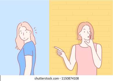 A woman is hiding behind a wall, whispering to another woman. hand drawn style vector design illustrations.