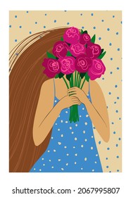 Woman hiding face in a flower bouquet. Girl illustration. Female t-shirt design or poster.