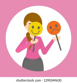 Woman hiding her face behind mood mask. Sad and happy mask. Hiding real emotion and pretend. Psychology concept. Vector illustration in cartoon style