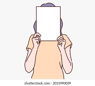 Woman hiding her face behind white paper, blank banner. Hand drawn in thin line style, vector illustrations.