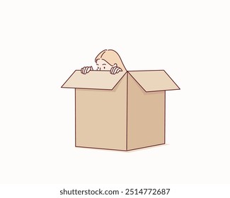 The woman is hiding inside the box. Hand drawn style vector design illustrations.