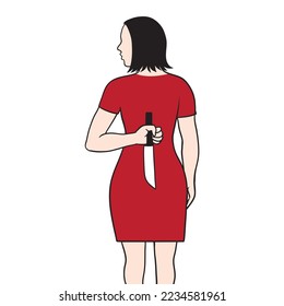 Woman hiding knife behind back ready to betray or attack. Vector illustration.