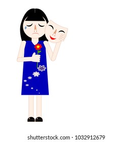 Woman hiding sorrow face under smiling mask. Lady take off mask and express real feeling. Concepts of broken heart, social expression, Bipolar or Major Depressive Disorder (MDD). Vector illustration.