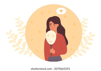 Mujer escondida bajo máscaras sociales. El triste personaje femenino oculta sus verdaderas emociones y sentimientos con sonrisa. La falsa felicidad. Niña con enfermedades mentales. Ilustración vectorial plana contemporánea de dibujos animados