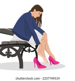 Woman in high heels. leg fatigue. Taking off her shoes while sitting on the bench because it hurts. Flat vector illustration.