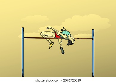 A woman high jump athlete successfully leap over a horizontal bar. Hand drawn vector illustraiton.