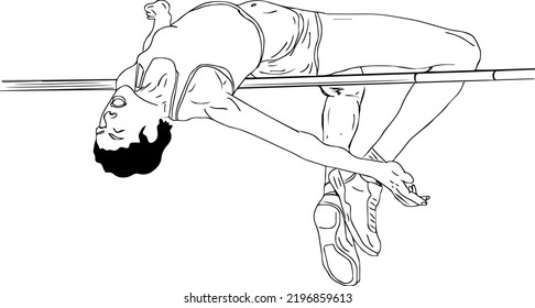 Woman High Jump player vector, female athlete doing a high jump sketch drawing cartoon doodle, High jump Girl player clip art silhouette