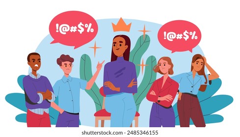 Woman with high self esteem. Young girl with crown on head near insults. Self confidence and self love. Positivity and optimism. Mental health and psychology. Flat vector illustration