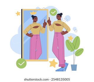 Woman with high self esteem. Young girl looks at her reflection in mirror. Positivity and optimism. Person with self love and self confidence. Flat vector illustration isolated on white background