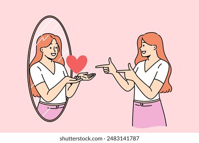 Woman with high self-esteem looks in mirror and sees reflection with heart, as metaphor for self-love. Good self-esteem allows girl to develop and not pay attention to envious people