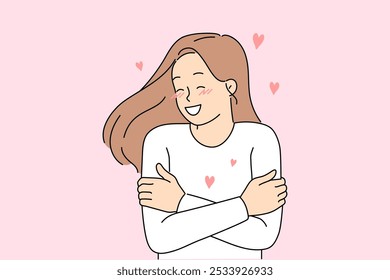 Woman with high self-esteem loves herself, demonstrating excellent mental health and embracing self. Concept of importance of self-esteem and self-confidence to achieve success in life