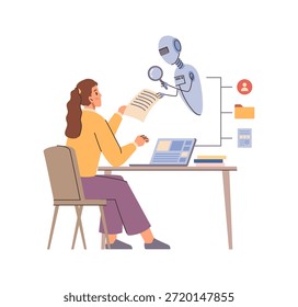 Mujer en el espacio de trabajo de alta tecnología que trabaja con aire. Empleado de Vector que interactúa con la herramienta de inteligencia artificial para el análisis de datos o la investigación. Redes, productividad y computación, chica aislada