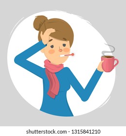 Woman with a high temperature and headache as a symptom of flu or cold. Girl with thermometer is unhappy and in sweat. Hand holding hot tea. Isolated vector illustration in cartoon style