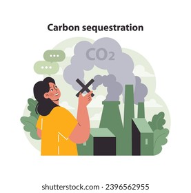 Woman highlighting the importance of reducing CO2 emissions from factories. Advocacy for cleaner industries and environmental responsibility. Flat vector illustration.