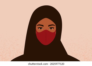 Woman in hijab breathing through a face protective mask to protect against coronavirus and air pollution, fine dust, smog. Health care and medical concept. Vector illustration.