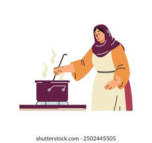 Mujer en una cocina de hijab. Ilustración vectorial de una mujer musulmana agitando una olla en una estufa, con un delantal y pañuelo en la cabeza. Perfecto para temas culturales y culinarios.