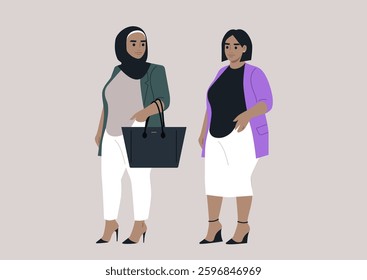 A woman in a hijab curiously observes another without one, both dressed in stylish, confident outfits—highlighting individuality, cultural expression, and the beauty of diverse fashion choices