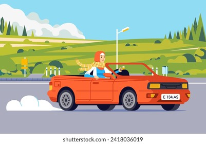Woman hijab driving cabriolet car on road across along nature hills meadow landscape female