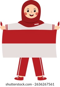 Woman Hijab Holding Flag Indonesian Isolated on White Background. Vector Character Design.