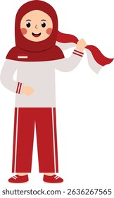 Woman Hijab Holding Flag Indonesian Isolated on White Background. Vector Character Design.