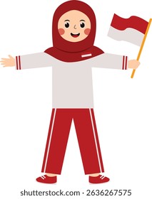 Woman Hijab Holding Flag Indonesian Isolated on White Background. Vector Character Design.