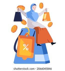 woman with hijab is holding paper bag after shopping and looks like happy get cut off price discount of product modern flat color isolated background vector illustration
