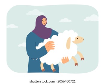 Mujer con hijab sosteniendo ovejas en las manos. Niña musulmana saludando con una pequeña ilustración vectorial plana de cordero esponjoso. Qurban en Eid al Adha Mubarak concepto para banner, diseño de sitio web o página web de aterrizaje