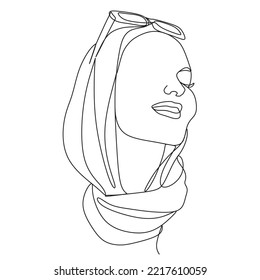 Woman in hijab line drawing.Hijab one line. Vector line drawing. One line art. Hijab Styles. Bandana. Muslim Fashion. Beach Hijab. Summer Outfit.