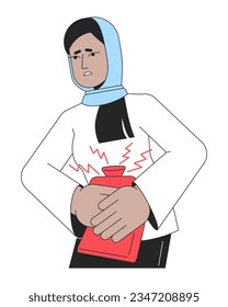 Woman in hijab pressing heating pads flat line color vector character. Editable outline half body lady with menstruation cramps on white. Simple cartoon spot illustration for web graphic design