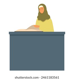 Woman hijab reading book on desk icon cartoon vector. Learning course. Corporate lesson