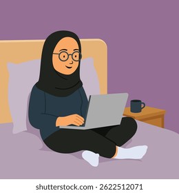 Woman with hijab relaxed on bed remote working at home