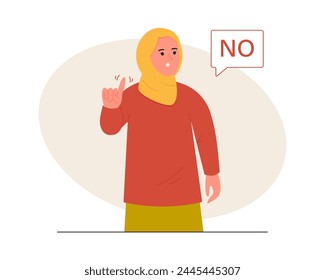 Woman in a hijab says no and showing stop with one finger, taboo sign, negates with a facial expression. Concept of denial, refusal. Vector illustration svg