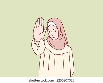 Woman hijab serious say no stop sign gesture hand simple korean style illustration