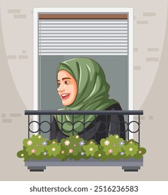 A woman in hijab smiling on balcony