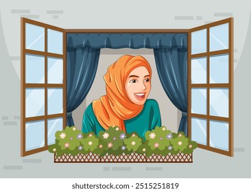 Woman in hijab smiling through open window