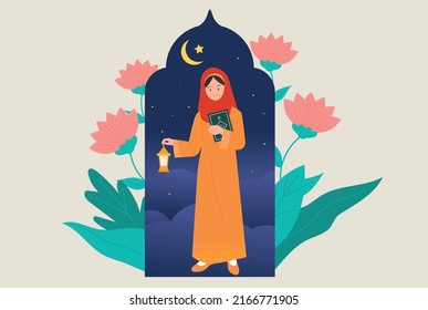 A woman in a hijab is standing with a lamp in her hand and a book in the other. Flowers are decorated around her. night background. flat design style vector illustration.