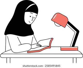 A woman in hijab studies the Quran at a desk with a lamp, symbolizing learning and spiritual growth during Ramadan nights.