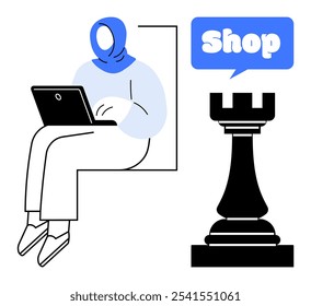 Woman in a hijab using a laptop sitting next to a chess rook with a speech bubble. Ideal for business strategy, online shopping, technology, ecommerce, and diversity themes. Simple flat style