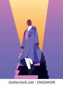 Woman in hijab walking down stairs vector illustration