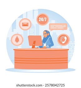 A woman in hijab works as a call center agent. Customer service representatives provide 24 7 support. Customer Service Representative concept. Flat vector illustration.