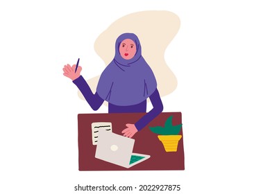 Woman in hijab works in office with laptop. Hand drawn. People.