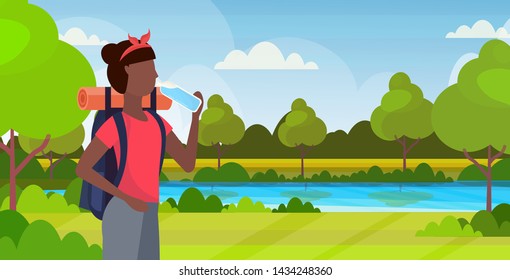 Woman Hiker With Backpack Drinking Water African American Girl Traveler On Hike Hiking Concept Beautiful Nature Landscape Background Portrait Flat Horizontal