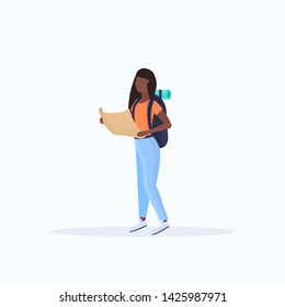 woman hiker with backpack holding travel map african american girl planning the route hiking concept traveler on hike full length white background flat