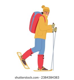 Una Caminata De Mujeres, Envuelta En Un Engranaje De Invierno, Lleva Zapatos De Nieve, Escuchas De Senderismo Y Lleva Una Mochila Cargada. Personaje Femenino Listo Para Explorar El Salvaje Cubierto De Nieve. Ilustración del vector de dibujos animados