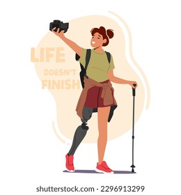 Woman Hiker With Leg Prosthesis. Strong And Inspiring Female Character Defying Limitations And Proving That Anything Is Possible With Determination And Perseverance. Cartoon People Vector Illustration