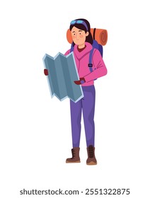 woman hiker with paper map and backpack isolated