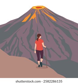 Woman hiker stands at the edge of a rugged volcanic landscape. Conquering the Volcano. Flat vector illustration isolated on white background