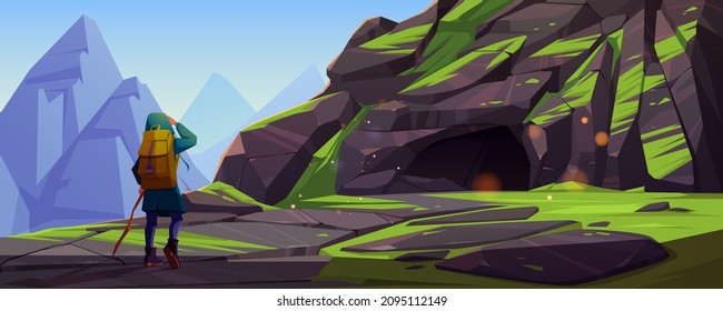 Woman Hiker Walks To Cave In Mountain. Vector Cartoon Illustration Of Summer Landscape With Rocks, Stone Cavern Entrance, Green Grass And Girl Tourist With Stick And Backpack