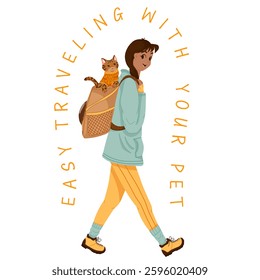 Woman hiking with a bengal cat in a pet carrier backpack. Scene with a traveler and animal. Travel with your cat concept art. Vector hand drawn cartoon illustration for print, web, social media
